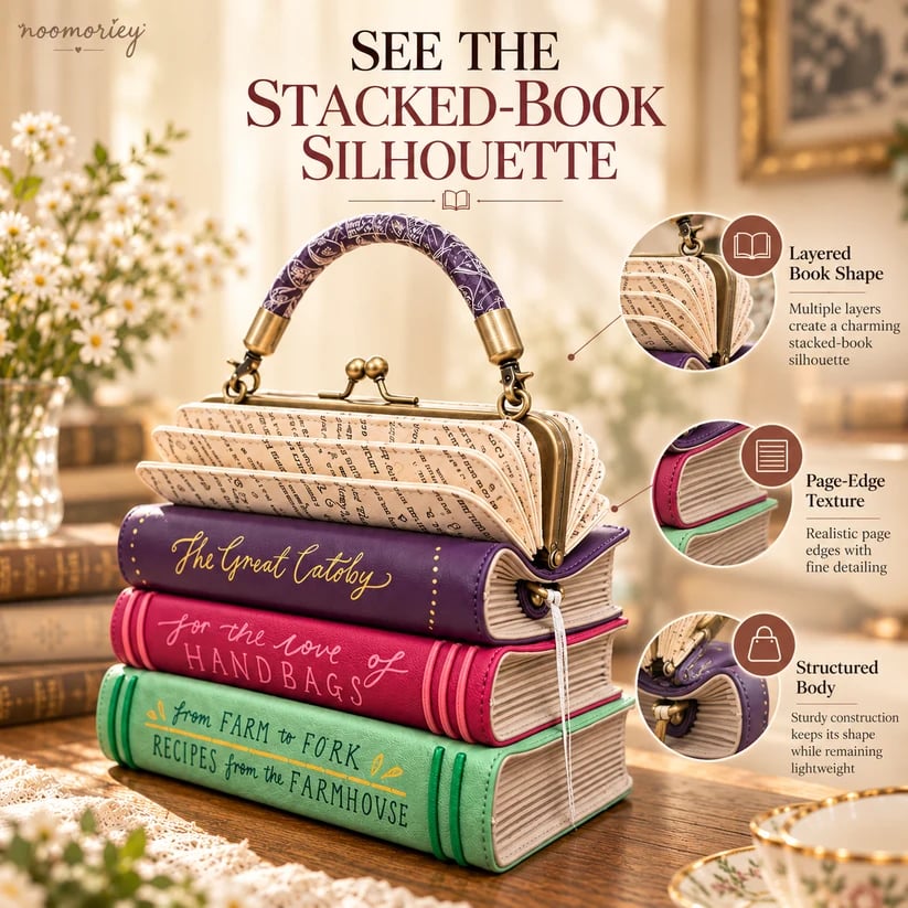 📚✨Book Stack Handbag – Vintage-Inspired Book-Shaped Top Handle Purse, Unique Gift for Book Lovers