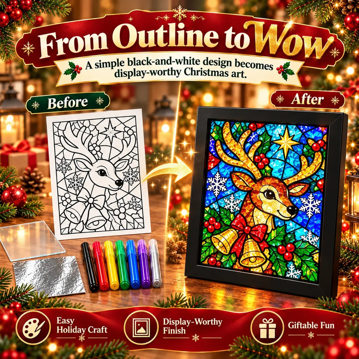 Before and after Christmas reindeer craft artwork