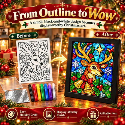 ⏳ Last Day 49% OFF – 🎄Beginner-Friendly Christmas Stained Glass-Style Frame Kit | 8 Festive Designs with Pens, Foil & Frame ✨
