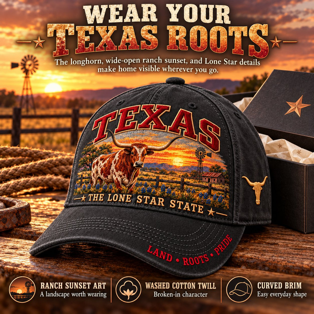 🤠 Texas Lone Star Longhorn Cap | Cotton-Poly Blend • Detailed Embroidery • Adjustable Fit