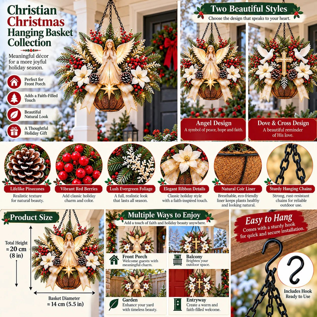 🎄 CHRISTMAS LIMITED-TIME 50% OFF | Christian Christmas Hanging Basket™ – Angel & Dove Faith-Inspired Holiday Porch Decor