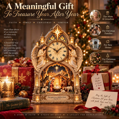 Cathedral-style Bethlehem Nativity clock – the Christmas story bathed in warm light.