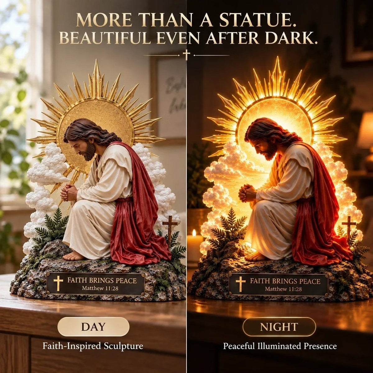 ✨🙏 Faith Brings PeaceTM — Illuminated Praying Jesus Figurine