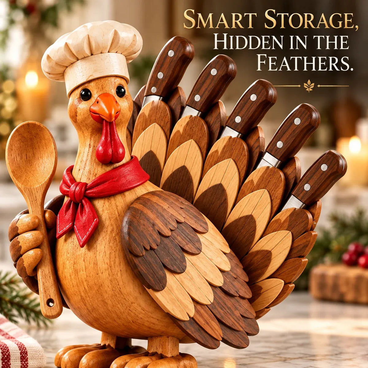 🦃 Rustic Turkey-Shaped Wooden Knife Stand | Thanksgiving Kitchen Decor