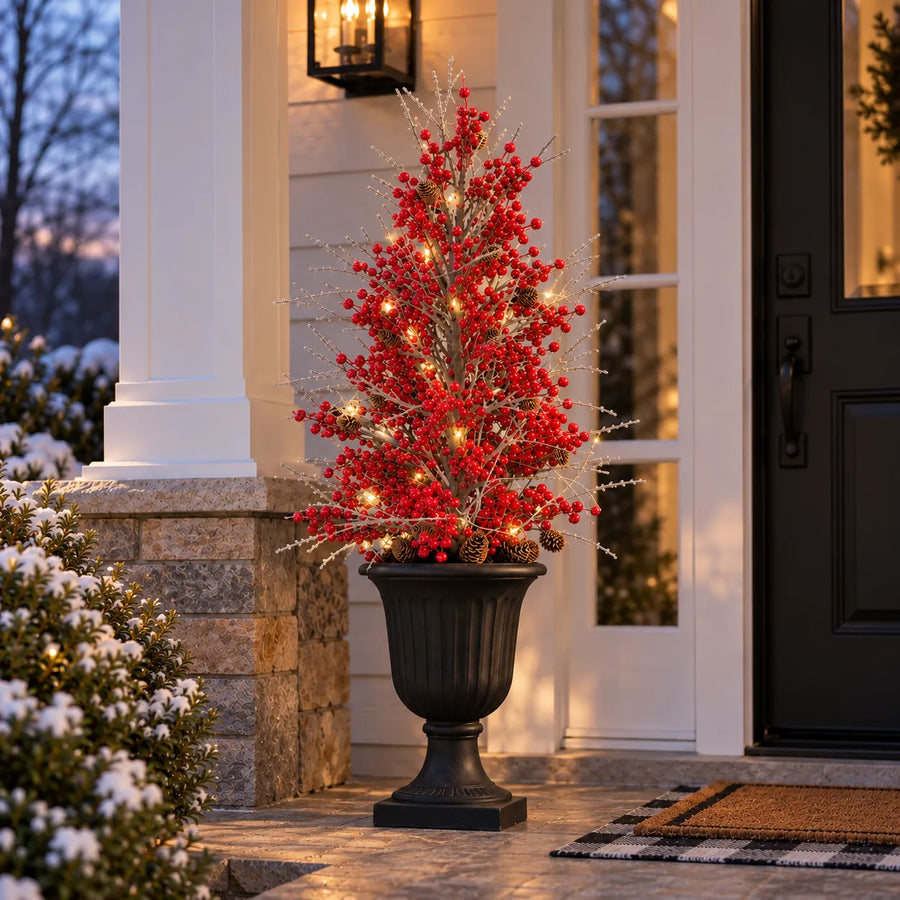 Pre-lit red berry arrangement glowing in the evening