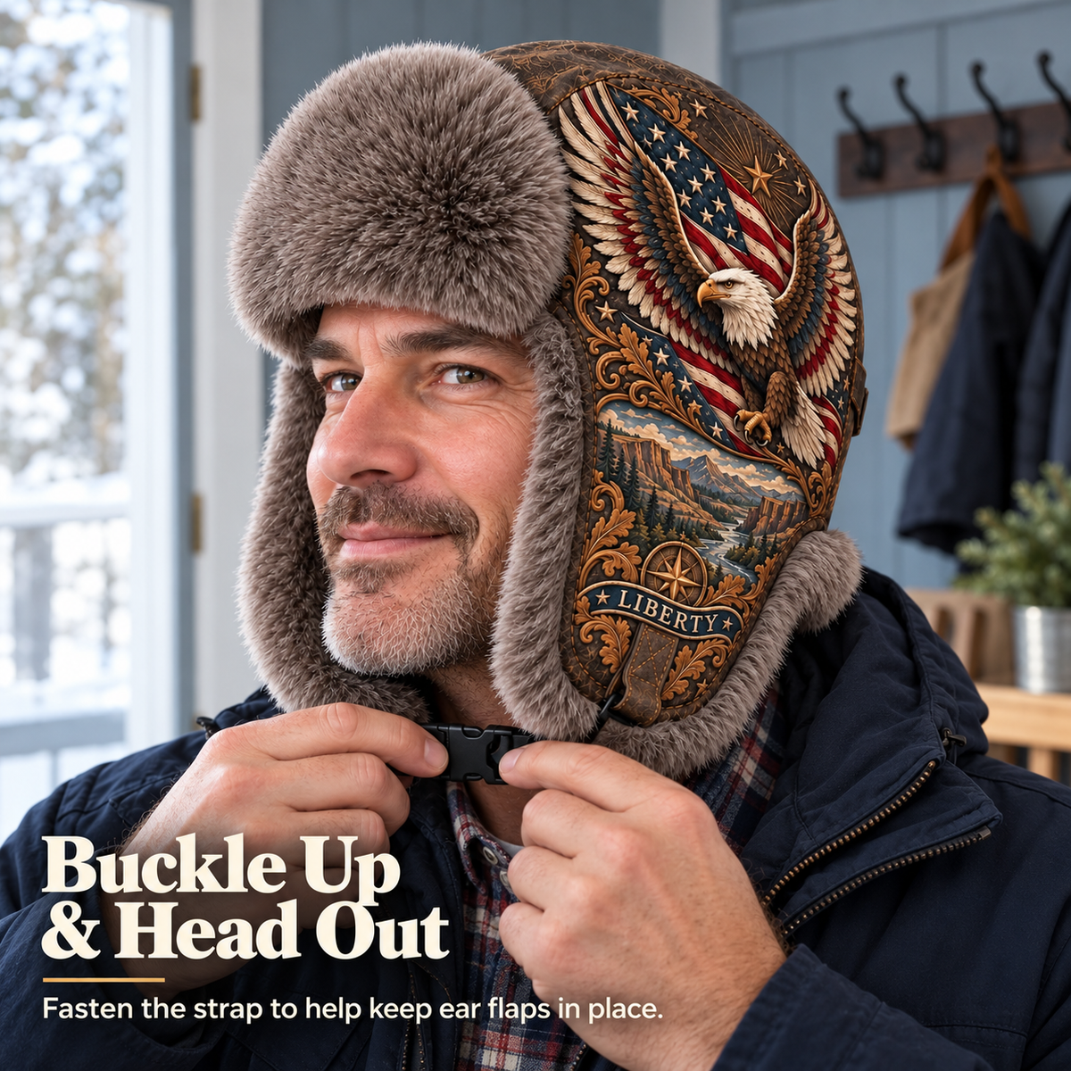 🦅 “Wings of Freedom” Genuine Leather Winter Trapper Hat with Plush Lining