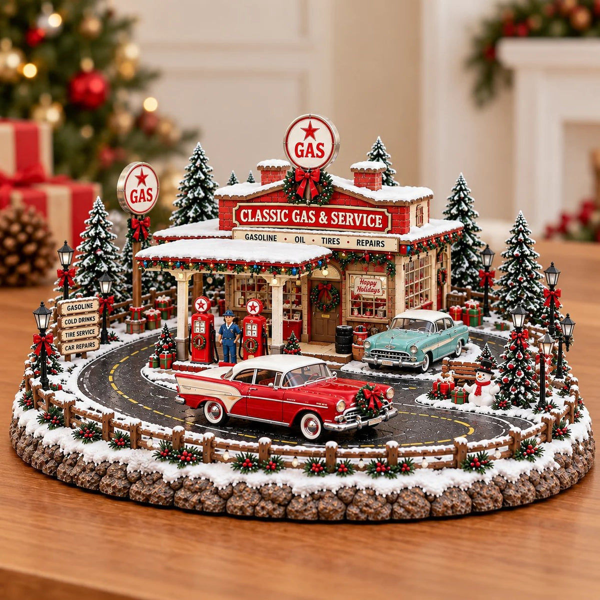 🚗 Lighted Classic Gas Station Christmas Village | Vintage Roadside Décor