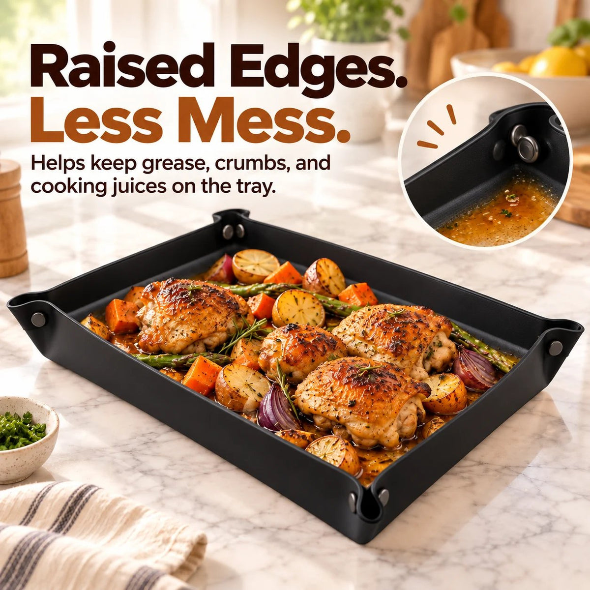 Foldable snap-corner tray holding roasted chicken, potatoes and vegetables