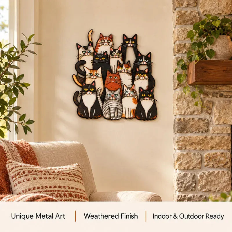 Whimsical Cat Family Metal Wall Art