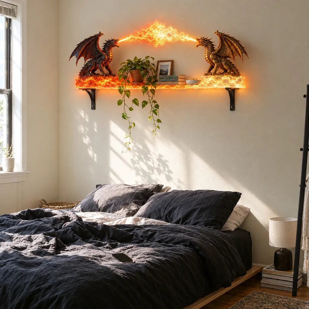🔥 LAST DAY 49% OFF 🔥 Dual Dragon Plasma Arc Wall Shelf | Gothic Floating Decor & Ambient Lamp 🐉⚡
