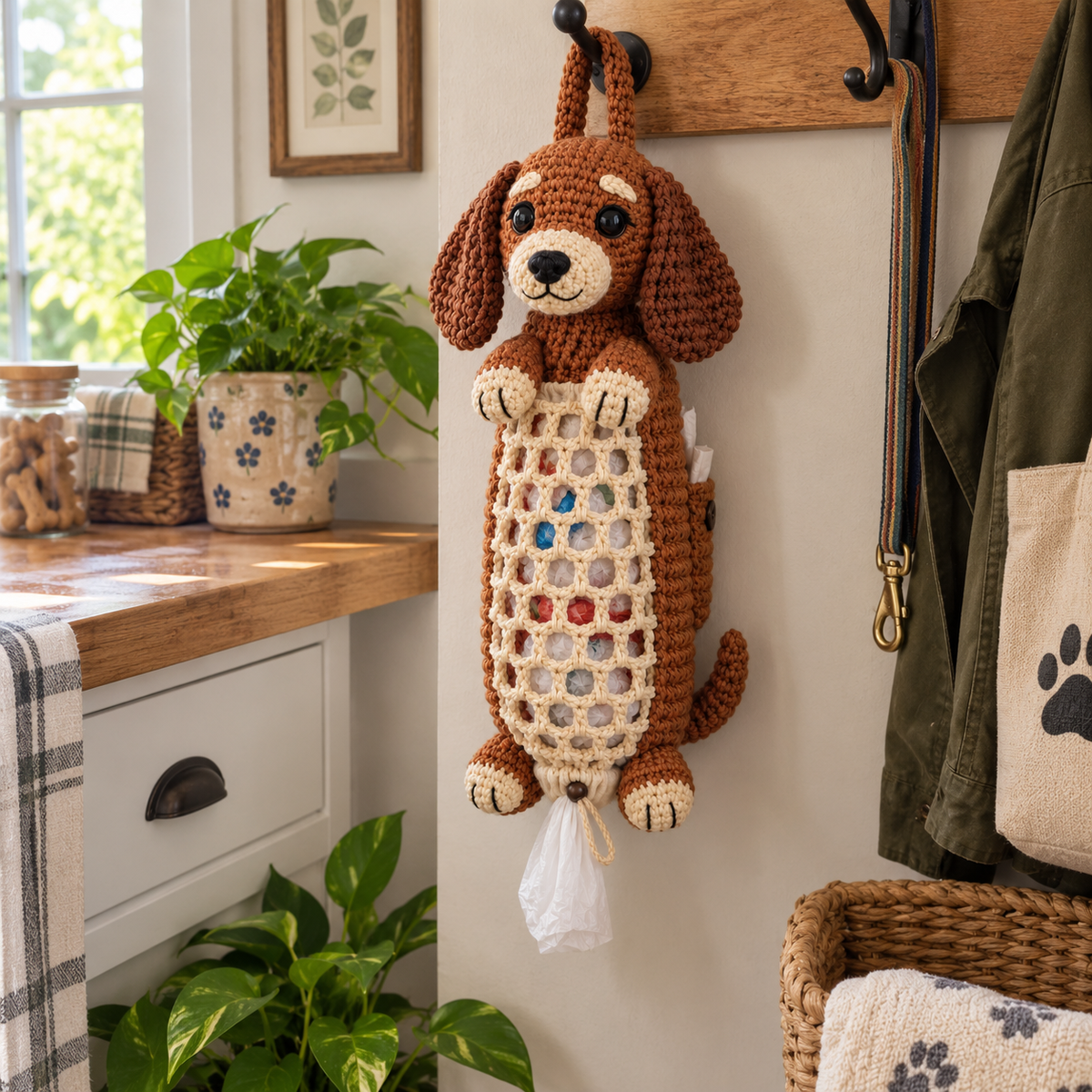 Customer pulling a bag from the crochet organizer