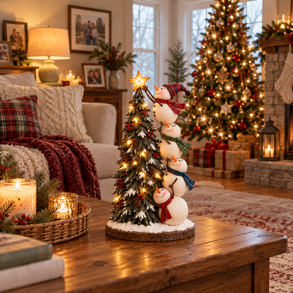 Snowmen Topping the Christmas Tree – Lighted Christmas Figurine