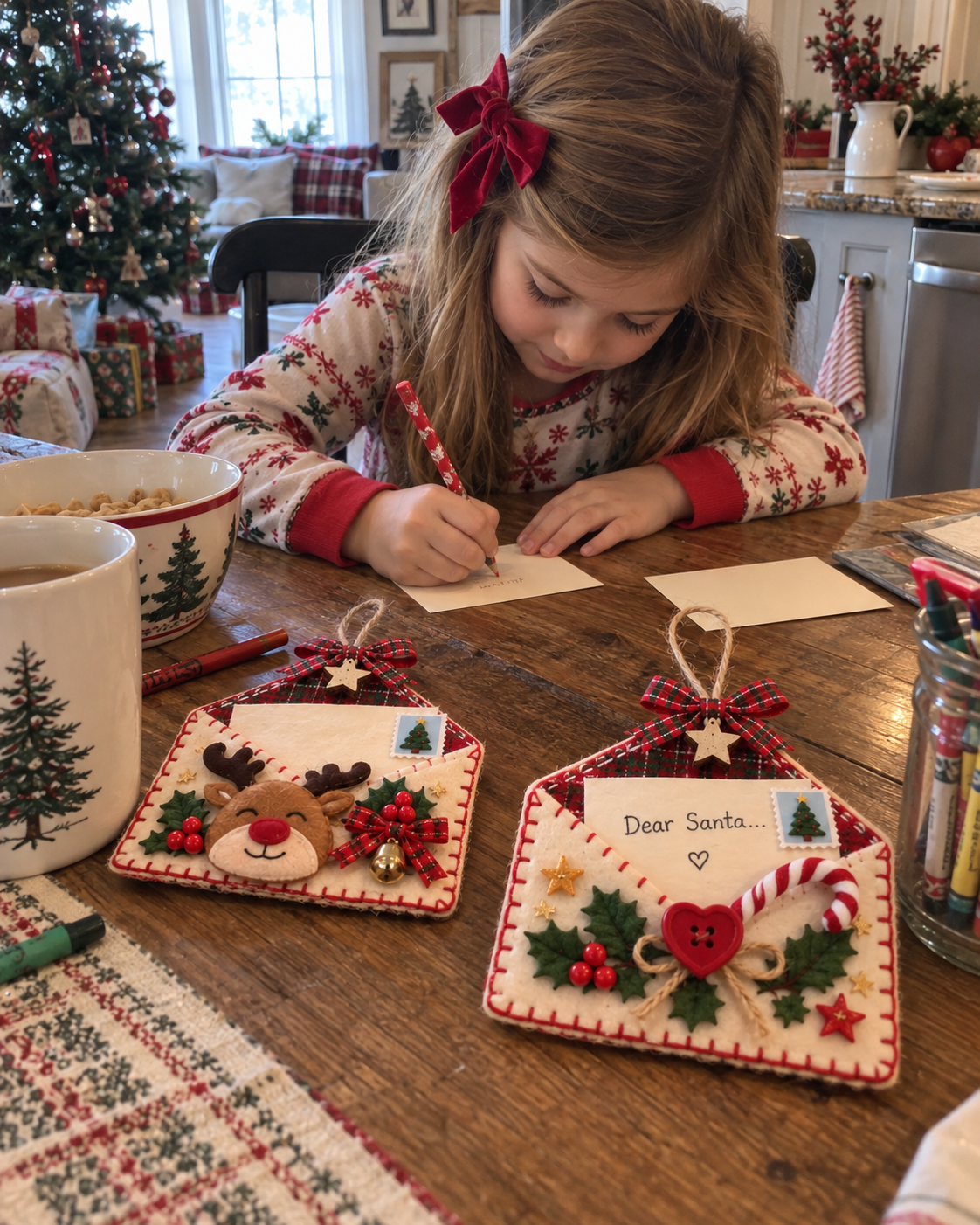 Little girl writing her Christmas note at the family kitchen table