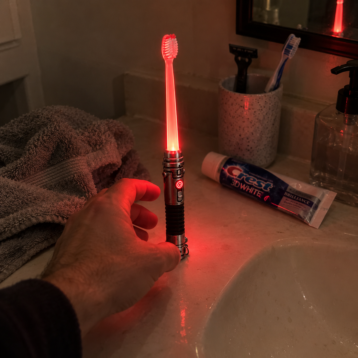 Red glow toothbrush nighttime bathroom use