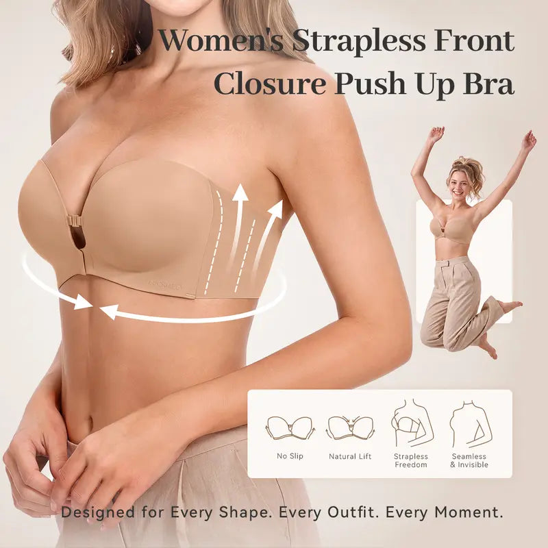 Stay-Up Strapless Front Closure Support Bra – No-Slip Lift & Smooth Side Fit