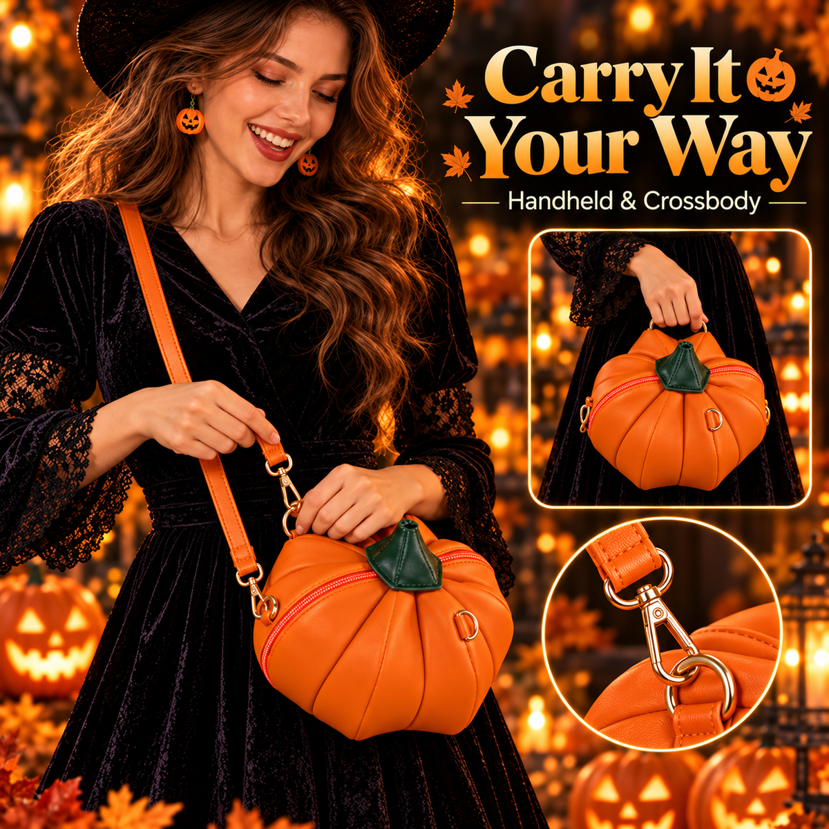 Pumpkin purse handheld and crossbody carrying options