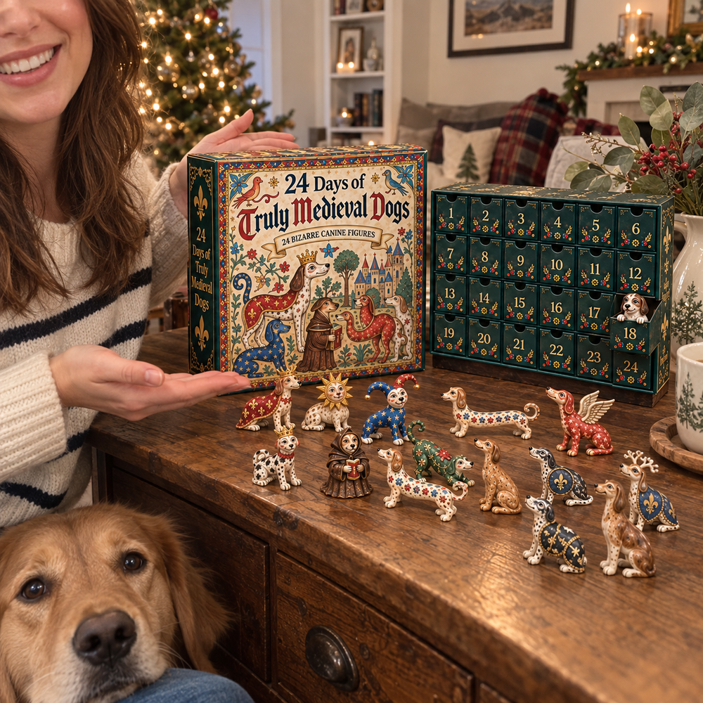 Dog lover showing medieval dog advent calendar