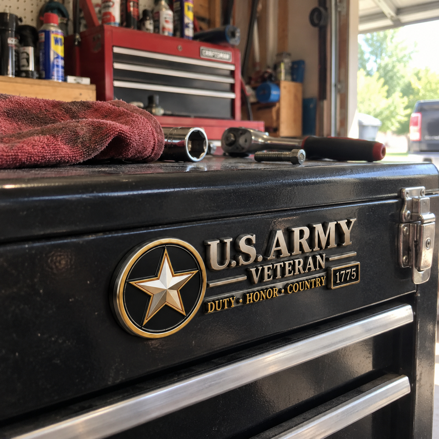 Army veteran emblem on workshop toolbox