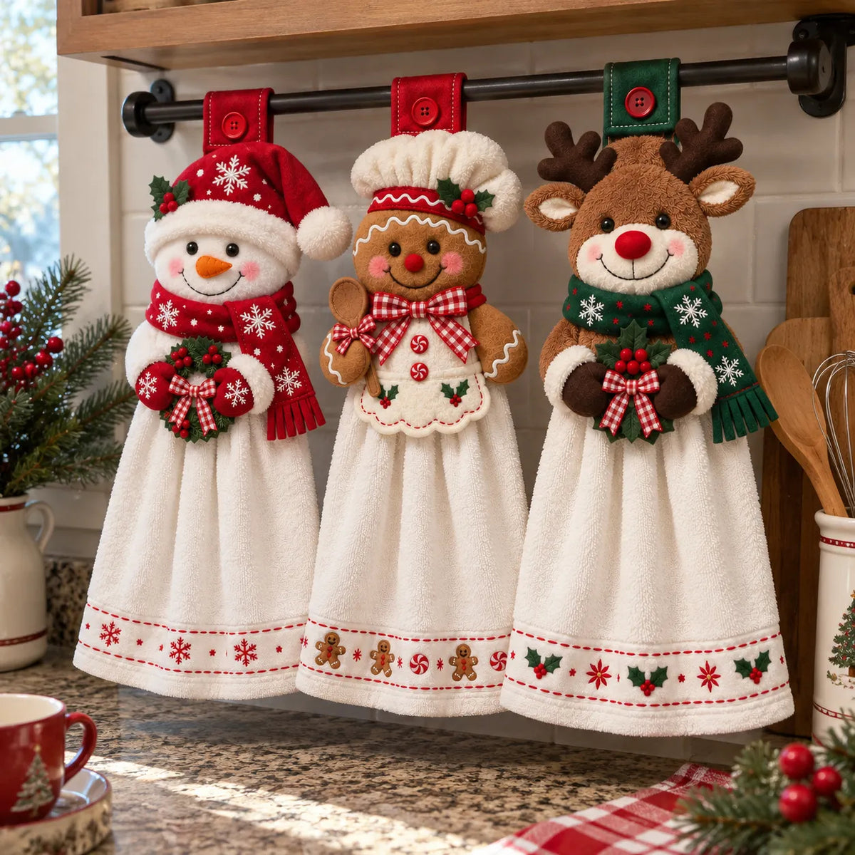 Snowman Gingerbread Baker and Reindeer Christmas hanging towels displayed together on a kitchen bar