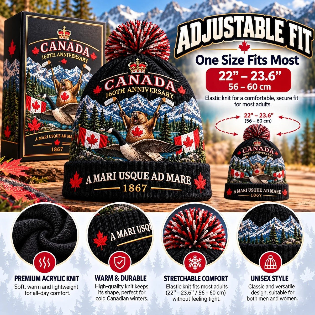 🇨🇦 Canada 160th Anniversary Knit Beanie – Soft, Stretchy & Cozy Winter Hat 🍁