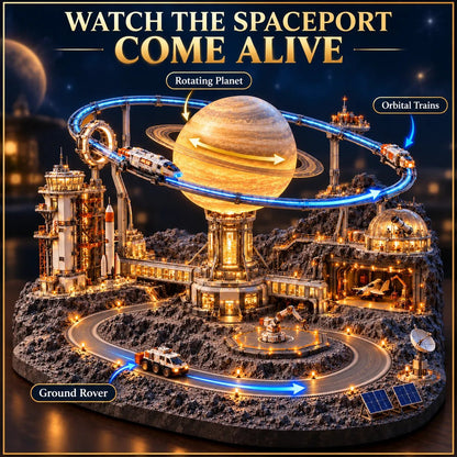 🚀 Orbit Station — Illuminated Spaceport with Moving Trains & Rotating Planet