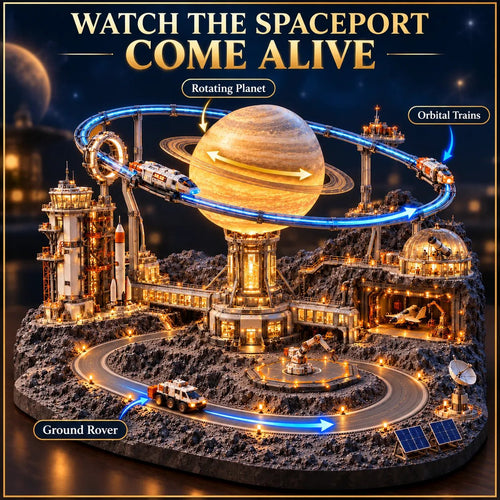 🚀 Orbit Station — Illuminated Spaceport with Moving Trains & Rotating Planet