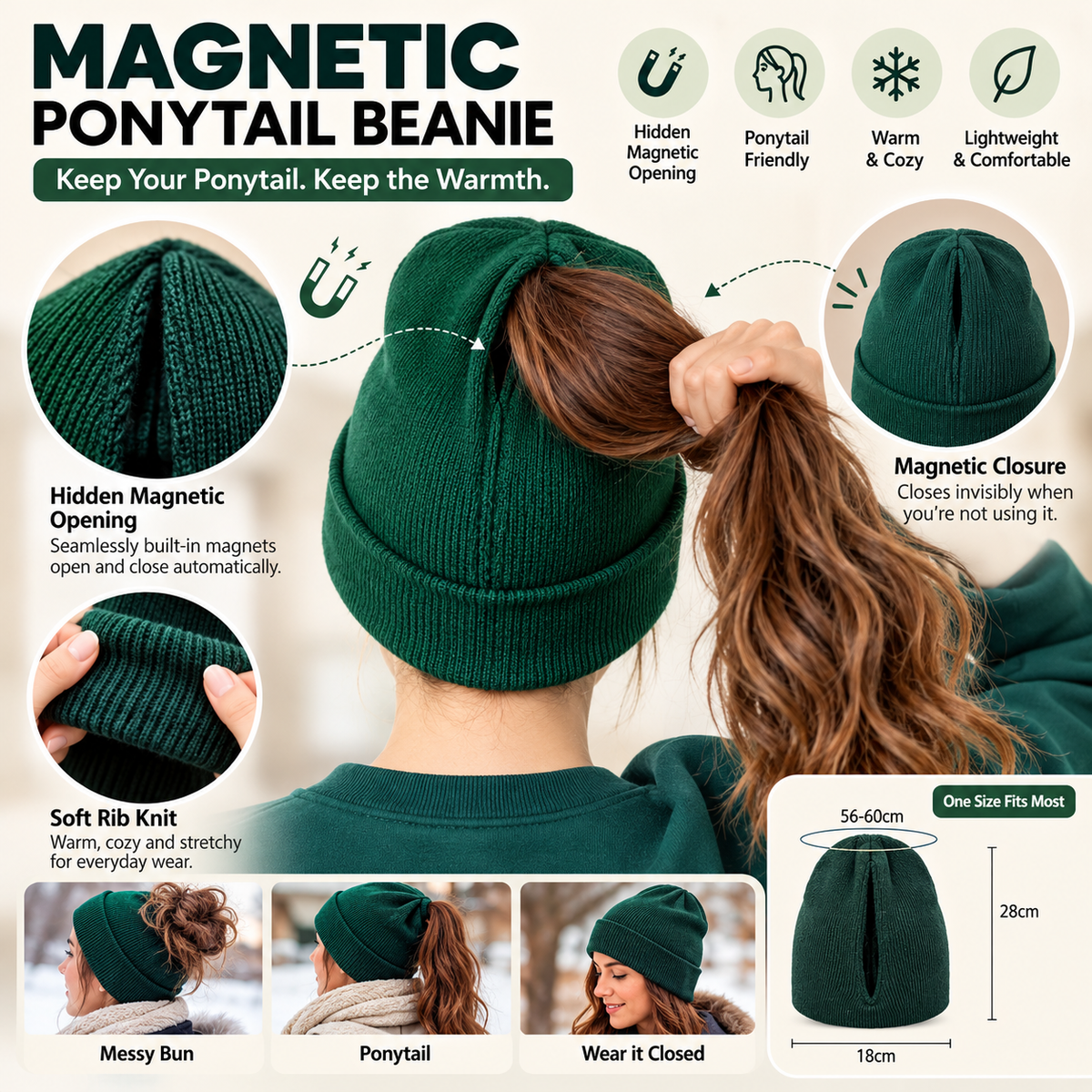 ✨2-in-1 Ponytail Knit Beanie — Features a built-in magnetic closure; no zipper design❄️