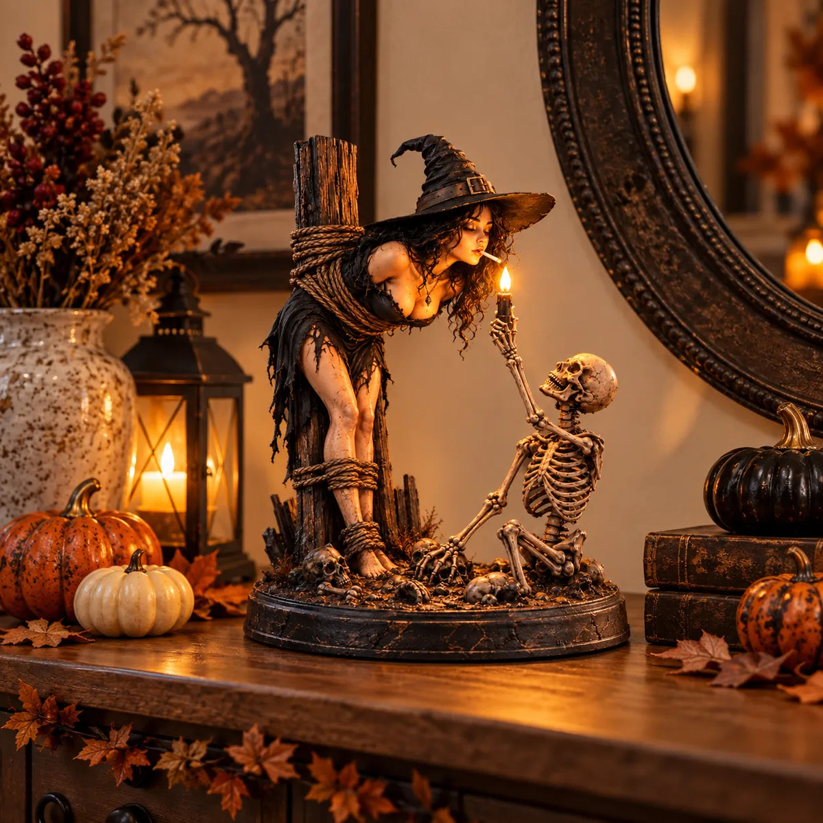 Witch skeleton figurine styled with pumpkins and Halloween decor