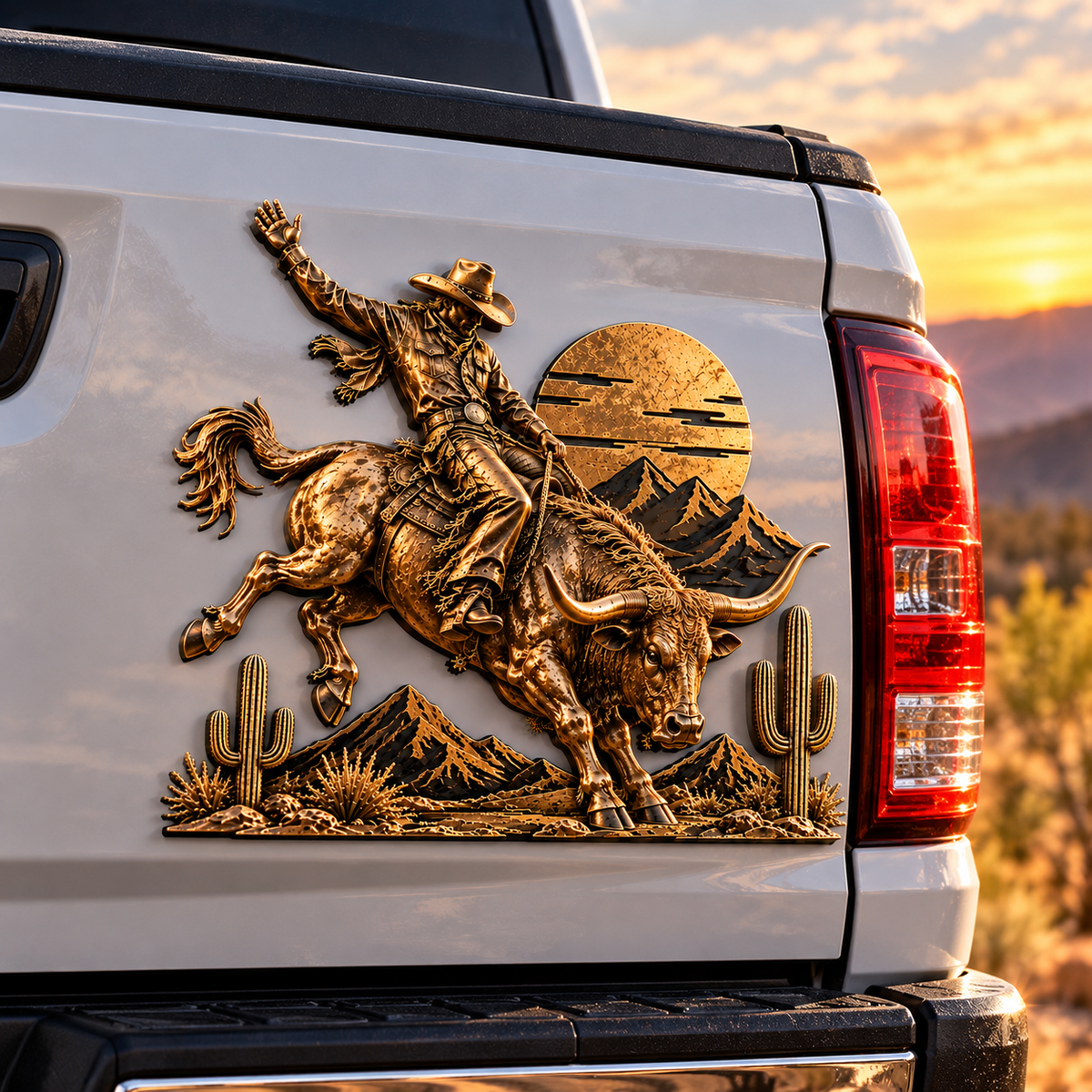 🤠🐂 Wild West Rodeo™ – 3D Metal Bull Rider Car & Truck Badge 🌵