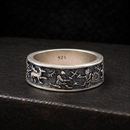 Medieval Marginalia Ring – Vintage Silver Ring with Whimsical Medieval Engravings 100% 925 Sliver