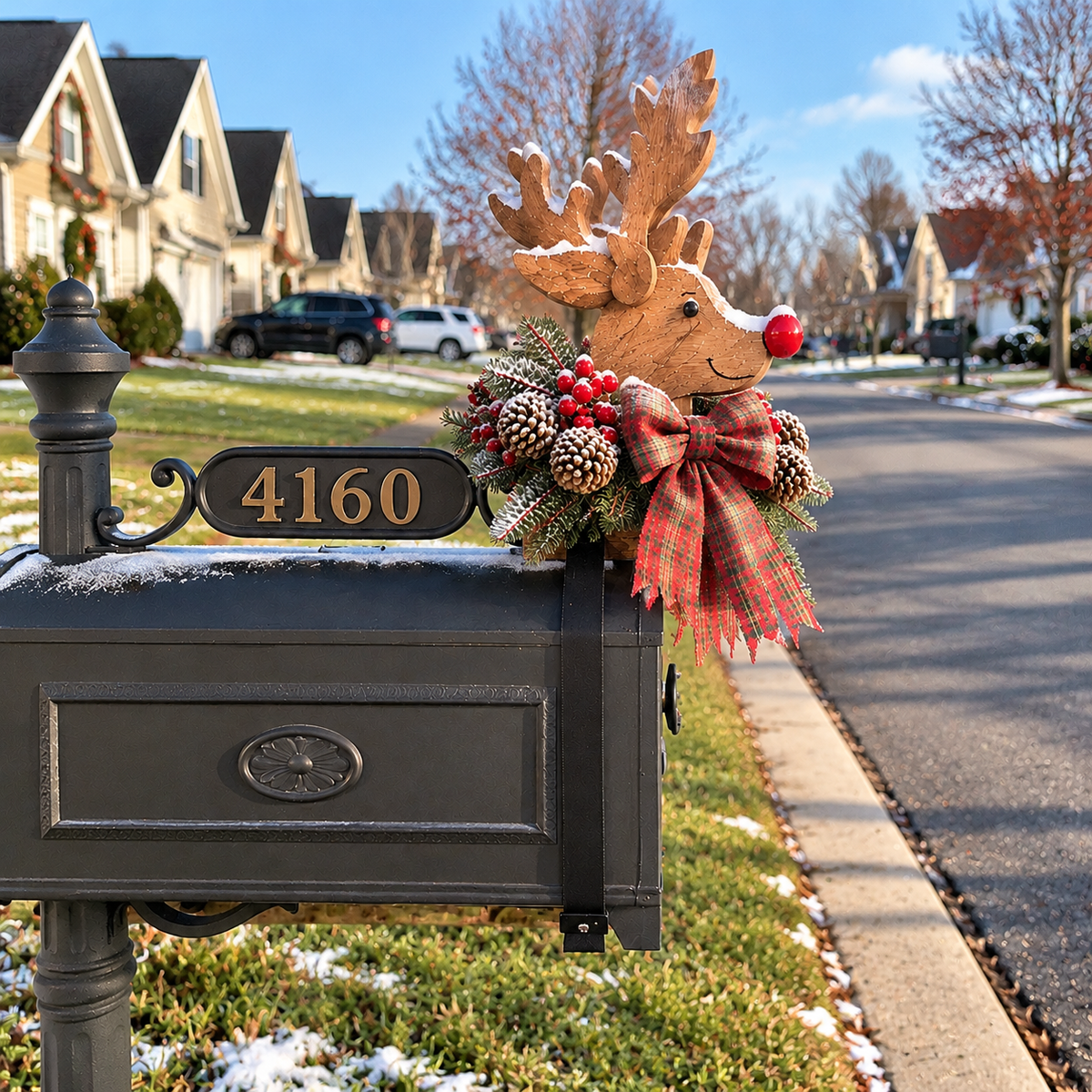 Reindeer topper on a decorative curbside mailbox in a residential neighborhood