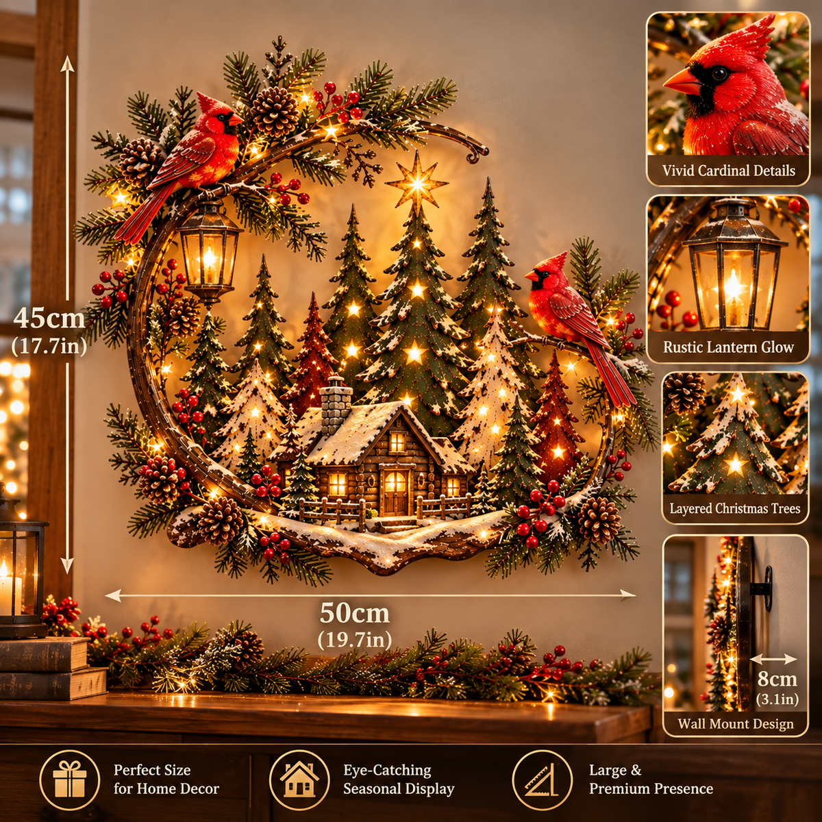 🎄❤️ Cardinal Winter Haven™ – Lighted Christmas Cabin Wreath Wall Decor ✨