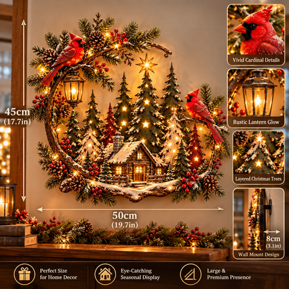 🎄❤️ Cardinal Winter Haven™ – Lighted Christmas Cabin Wreath Wall Decor ✨