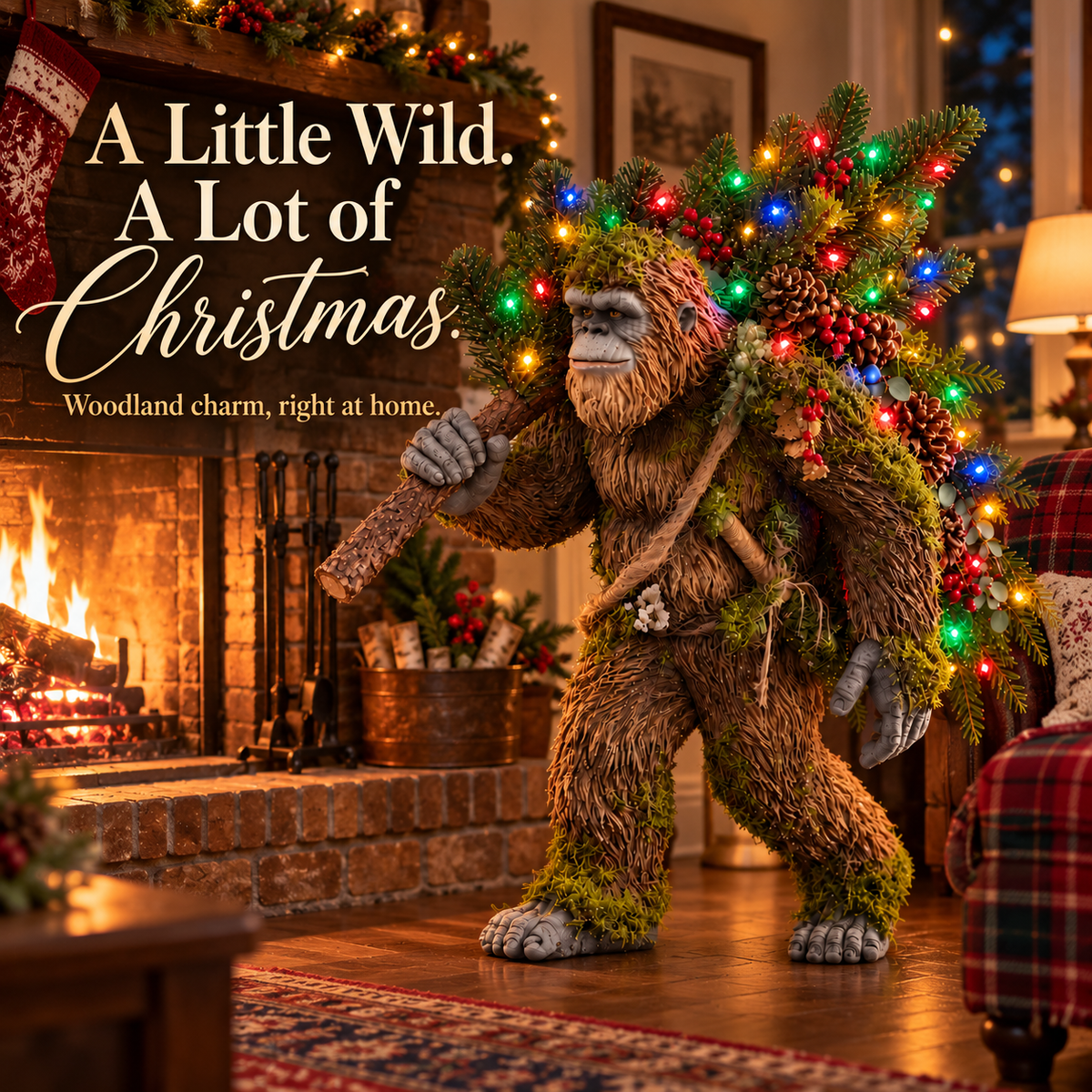 Holiday welcome message with illuminated Sasquatch beside a Christmas decorated door