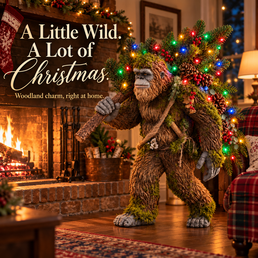 Light-up Christmas Sasquatch decoration displayed by a fireplace