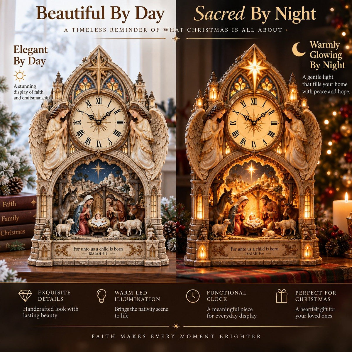 Cathedral-style Bethlehem Nativity clock – the Christmas story bathed in warm light.