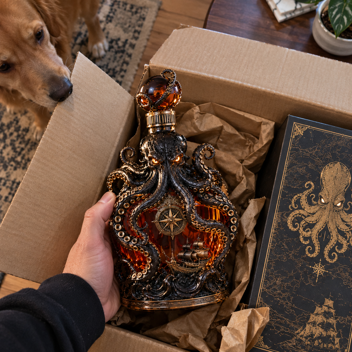 Kraken decanter styled unboxing scene
