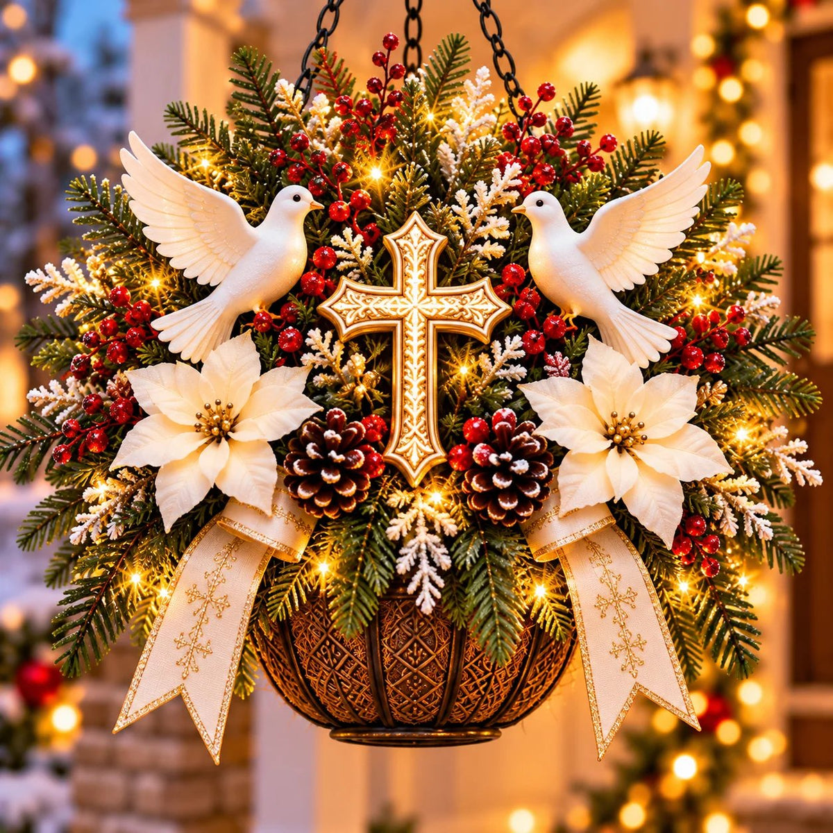 🎄 CHRISTMAS LIMITED-TIME 50% OFF | Christian Christmas Hanging Basket™ – Angel & Dove Faith-Inspired Holiday Porch Decor