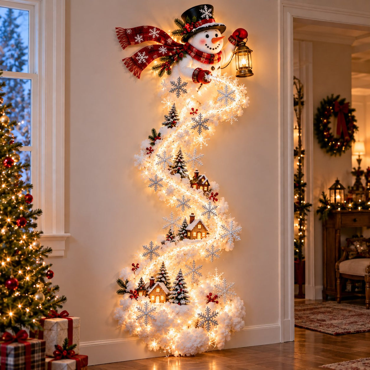 Santa railing light with cascading hanging ornaments