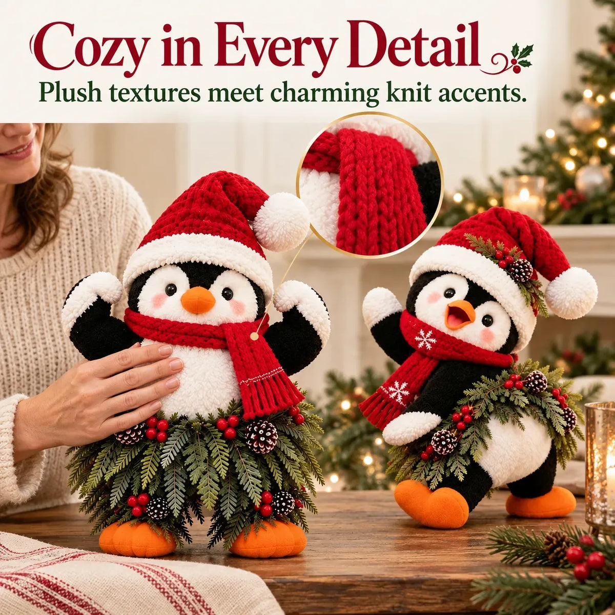Weihnachtliche Pinguin-Willkommensdekoration mit Weihnachtsmütze und festlichem Grün