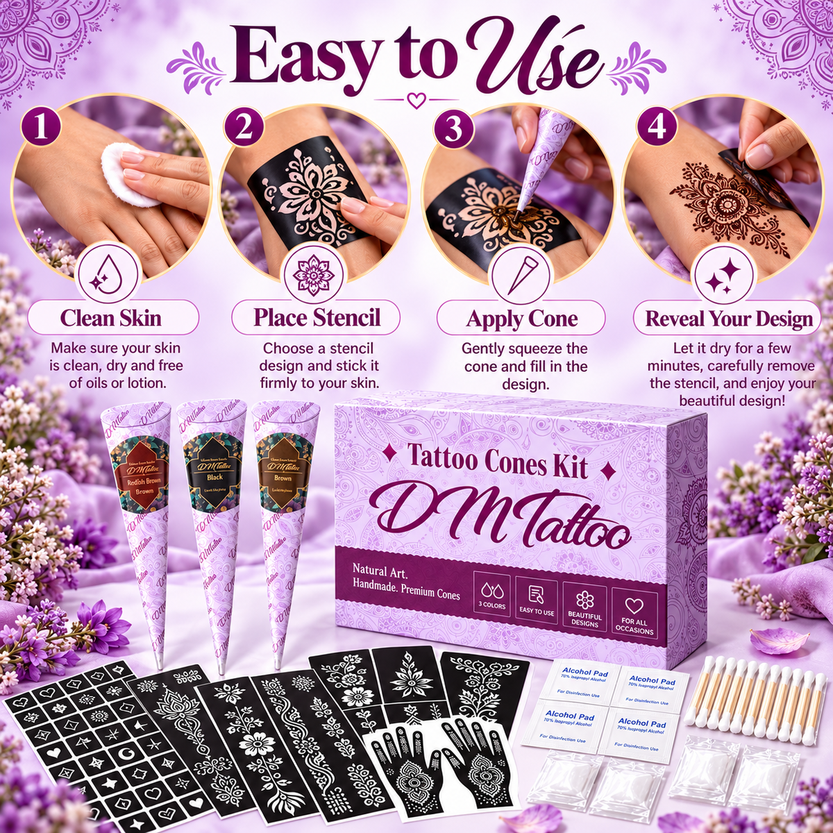 Henna Tattoo Kit with Stencils – Temporary Body Art Cones for Hands & Creative Designs
