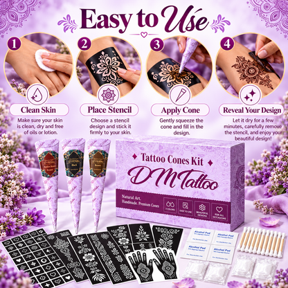 Henna Tattoo Kit with Stencils – Temporary Body Art Cones for Hands & Creative Designs