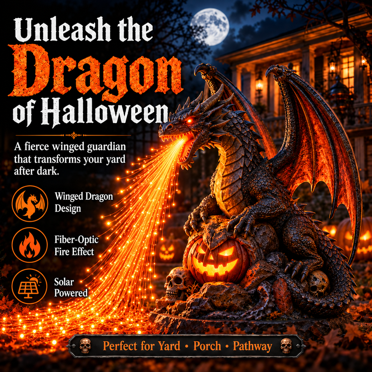 🐉 Inferno Dragon™ Fire-Breathing Solar Garden Light – Glowing Halloween Dragon Statue for Outdoor Yard & Porch Decor