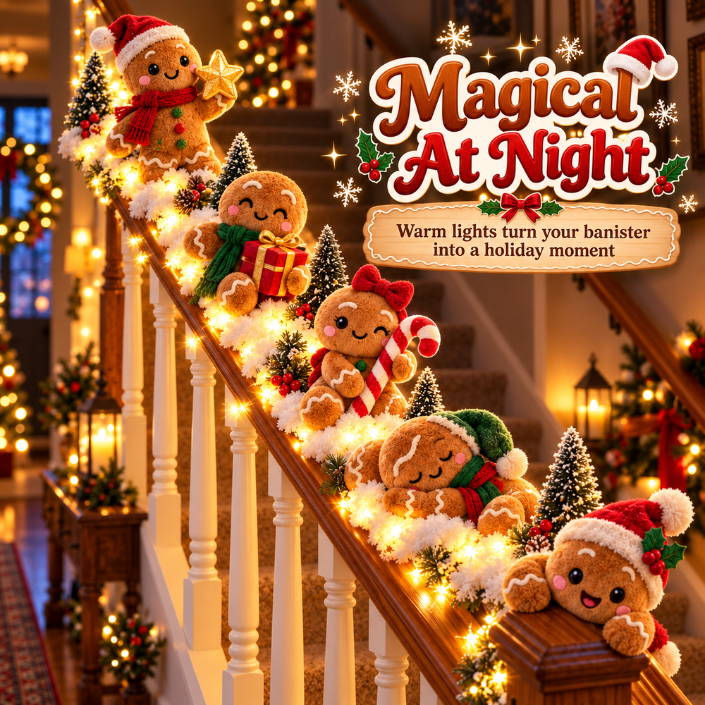 Glowing gingerbread Christmas staircase decorations with warm lights at night