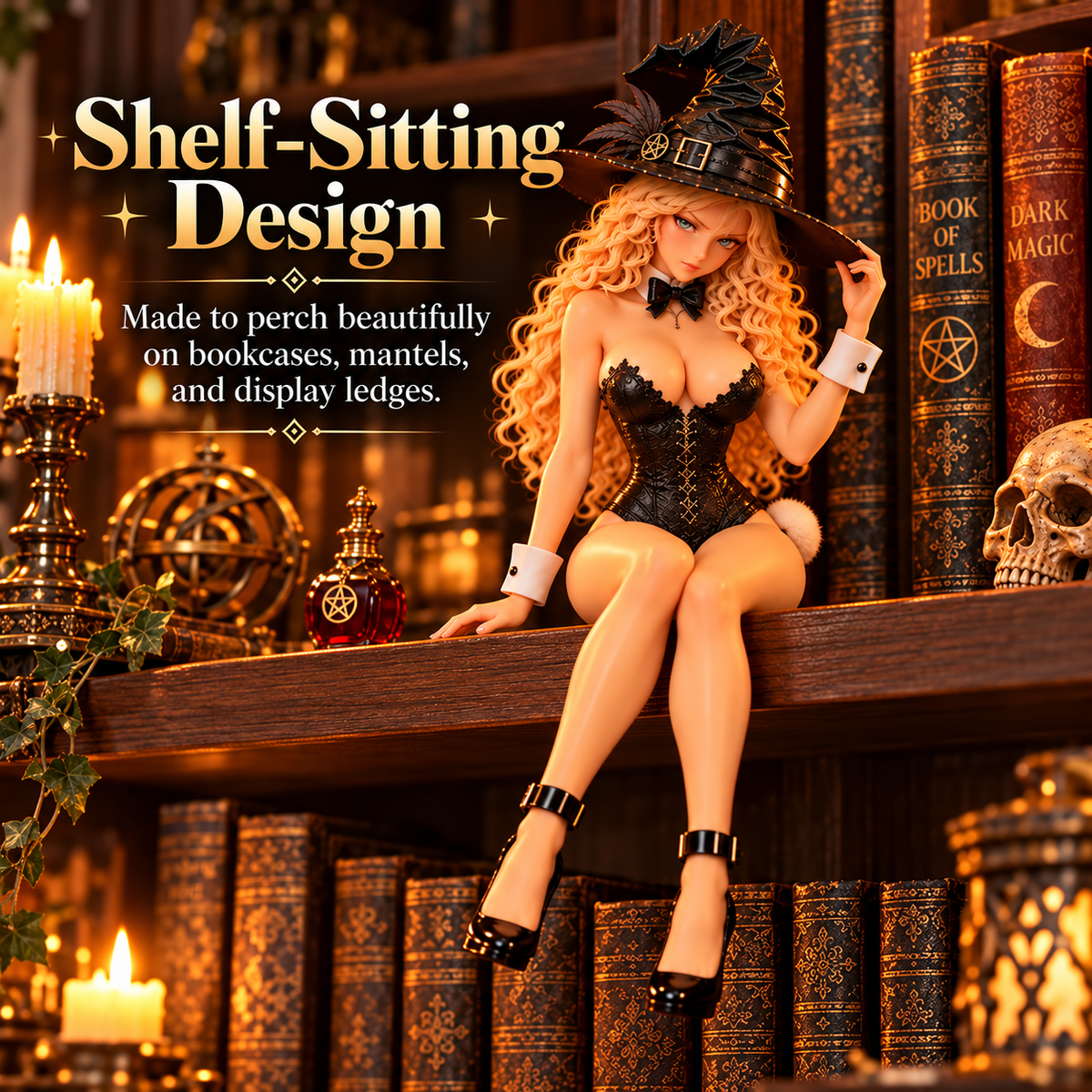 Witch figurine designed to sit along a shelf edge