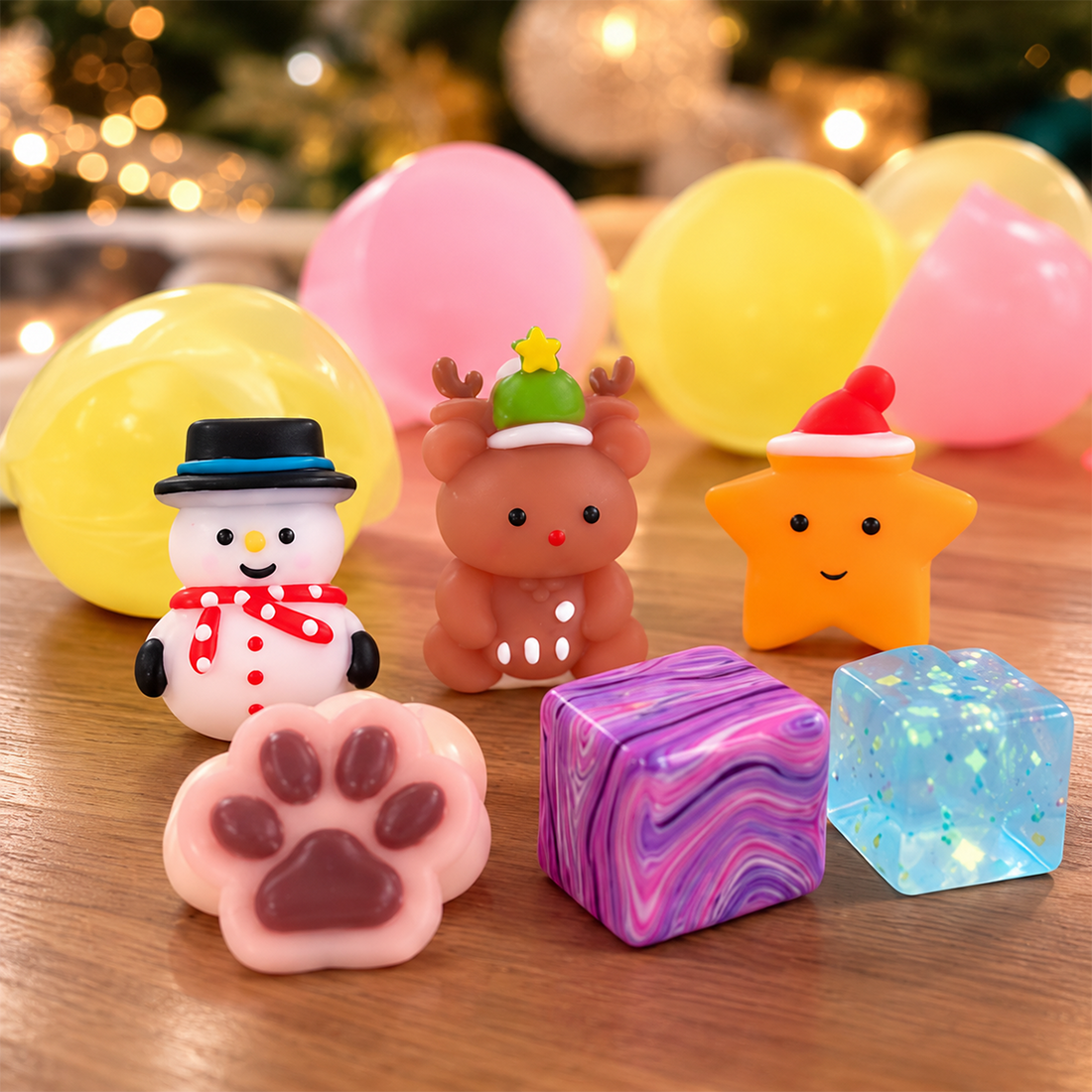 Close-up of little snowman, reindeer, star, paw and colorful squishy cube toys