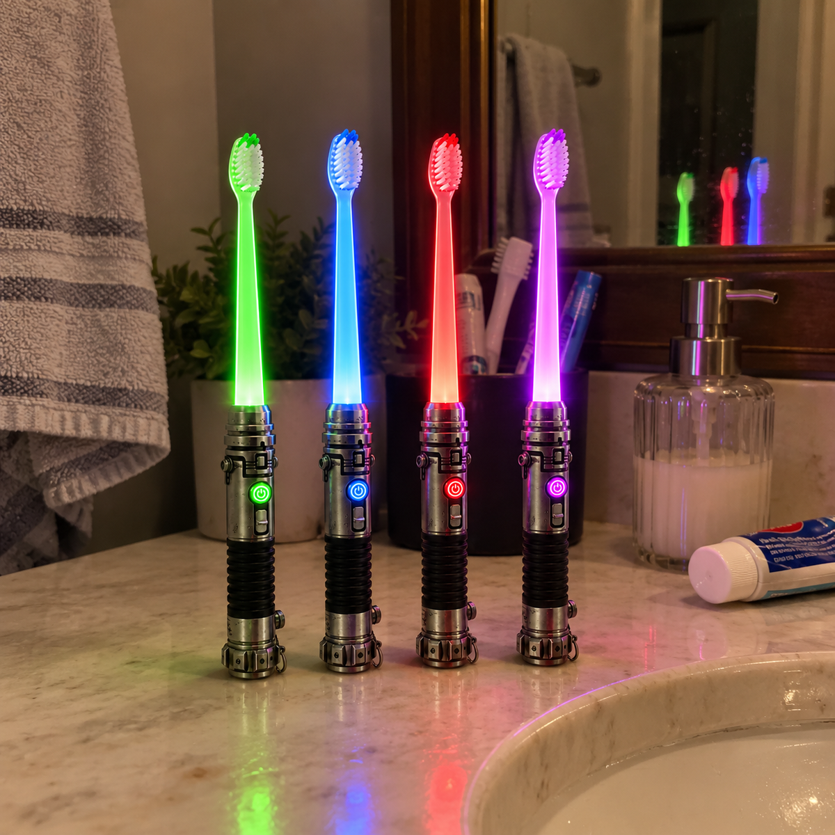 Four glow toothbrush colors in bathroom