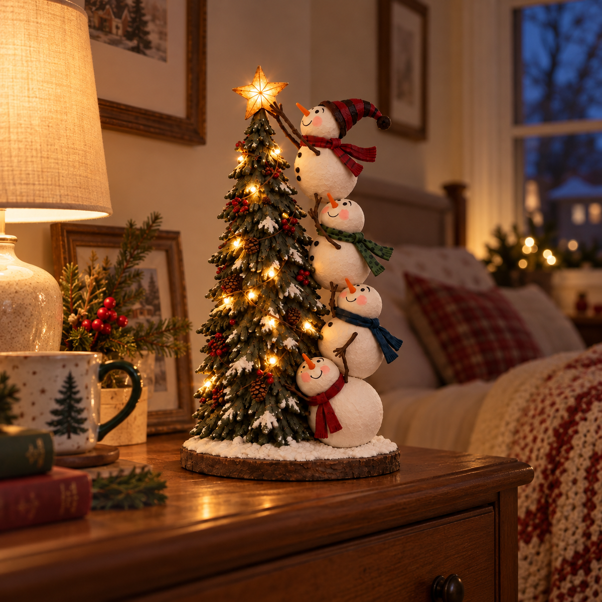 Lighted snowman Christmas tree figurine glowing on a wooden side table in a cozy evening room