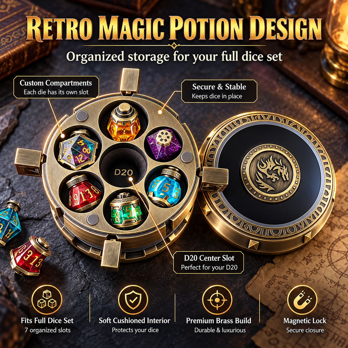 Dragon’s Vault Potion Dice Set – Fantasy RPG Dice Collection with Collectible Storage Case
