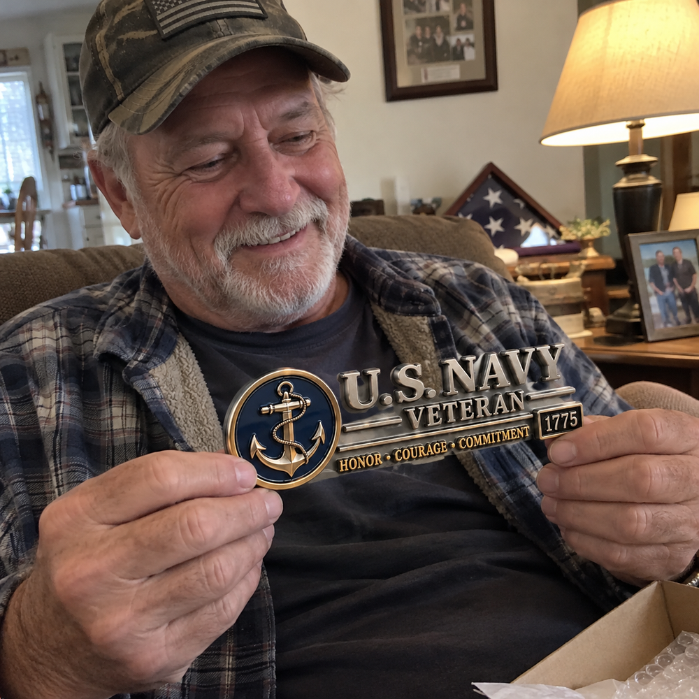 Veteran holding Navy commemorative emblem